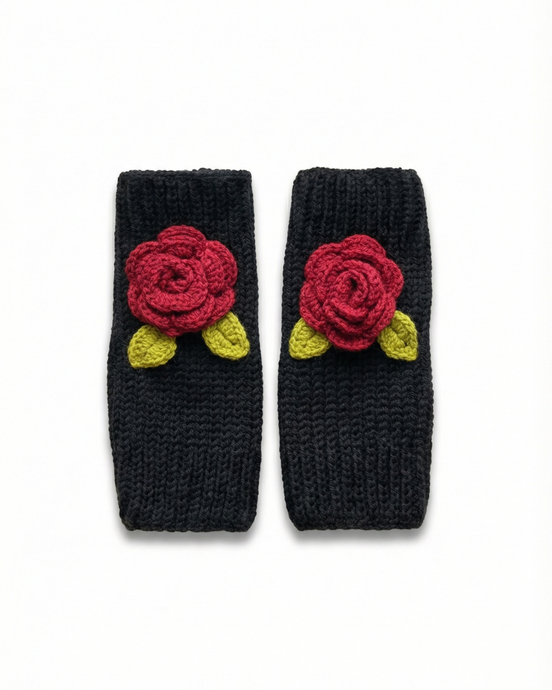 Handmade Wool Knit Fingerless Gloves – Rose Detail (Pair) — Pearls Glam Studio, view 1 of 5