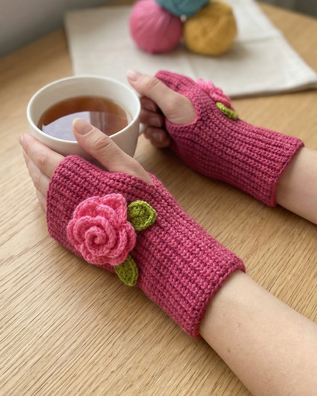 Handmade Wool Knit Fingerless Gloves – Pink Rose (Pair) — Pearls Glam Studio, view 2 of 4
