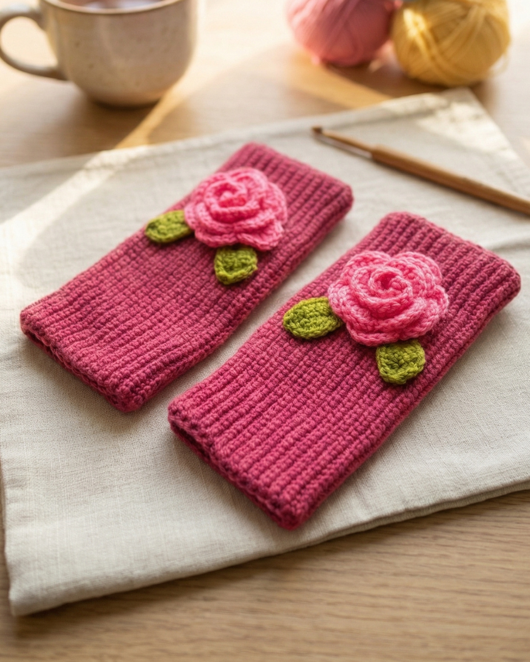 Handmade Wool Knit Fingerless Gloves – Pink Rose (Pair) — Pearls Glam Studio, view 3 of 4