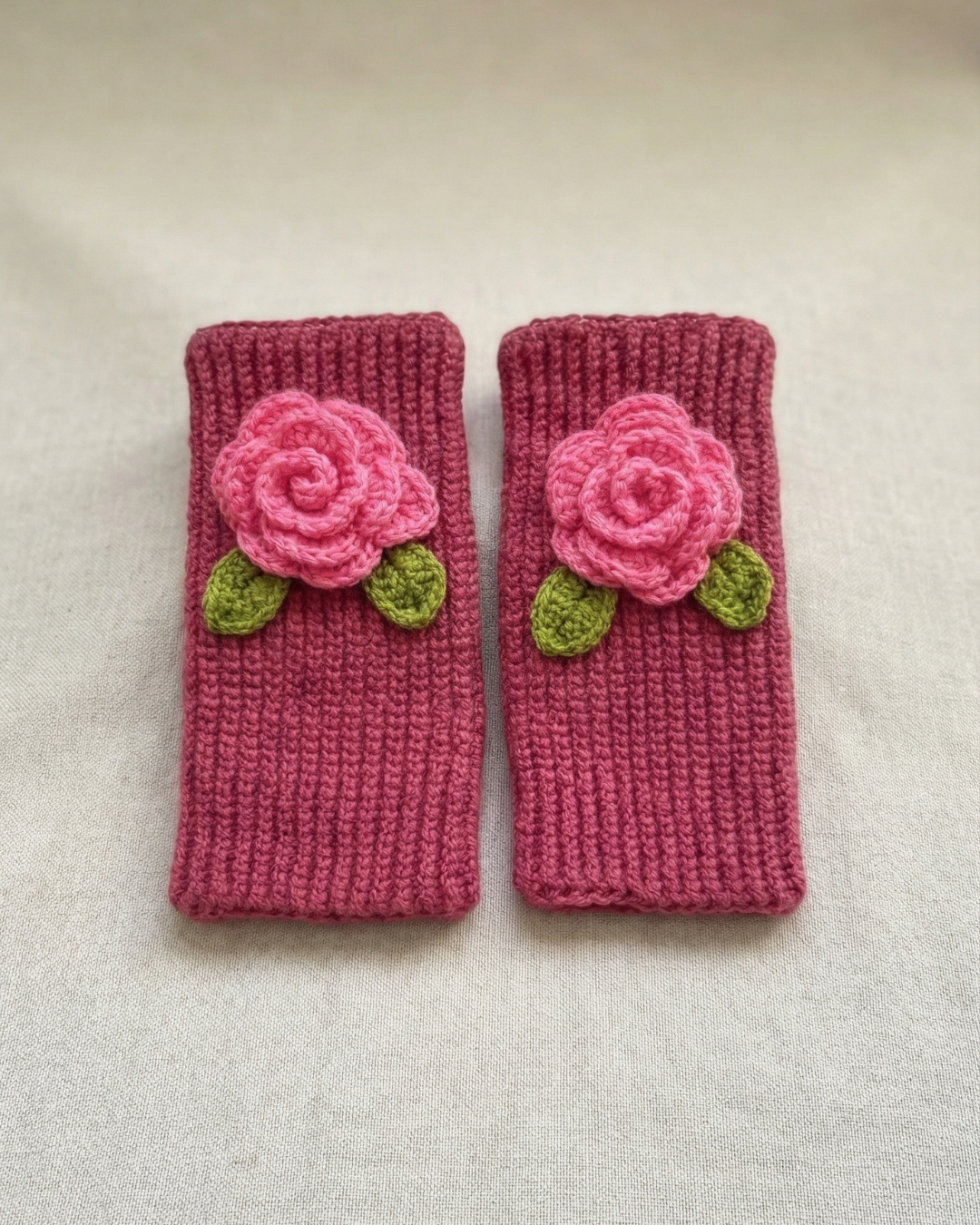 Handmade Wool Knit Fingerless Gloves – Pink Rose (Pair) — Pearls Glam Studio, view 4 of 4
